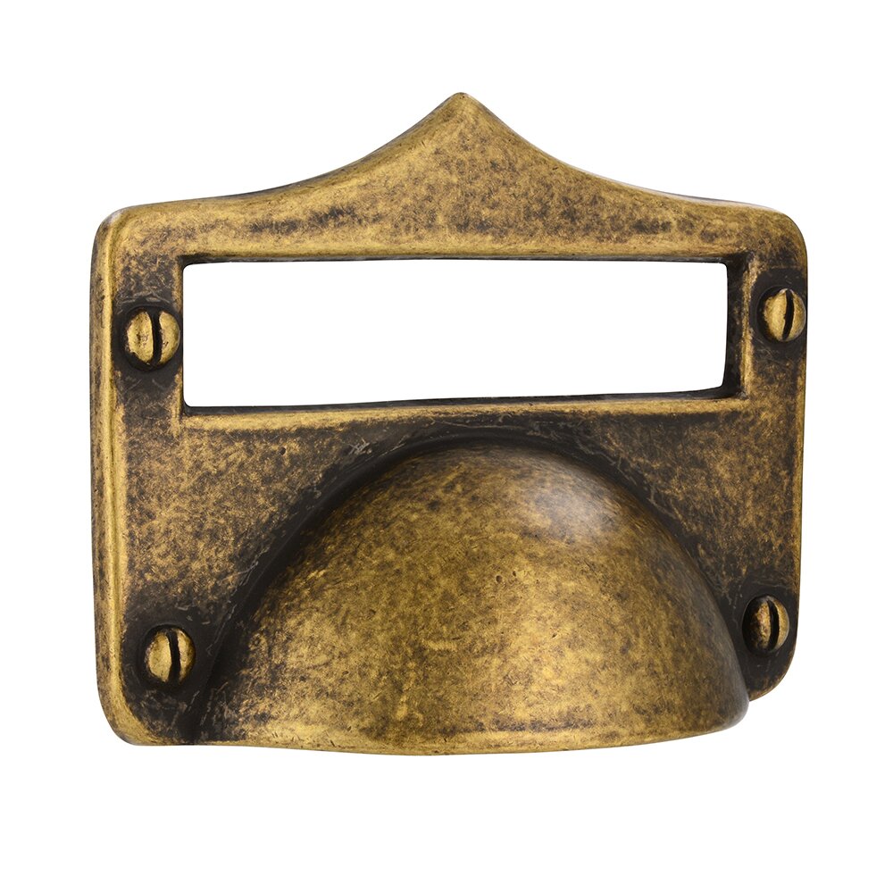 32 mm Centers Cup Pull with Label Holder in Antique Brass