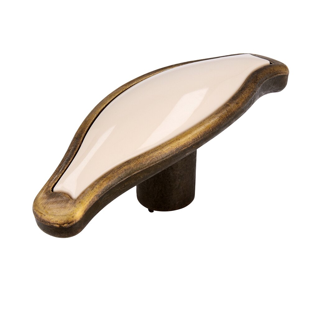 67 mm Long Knob with Inlay in Antique Brass/Beige